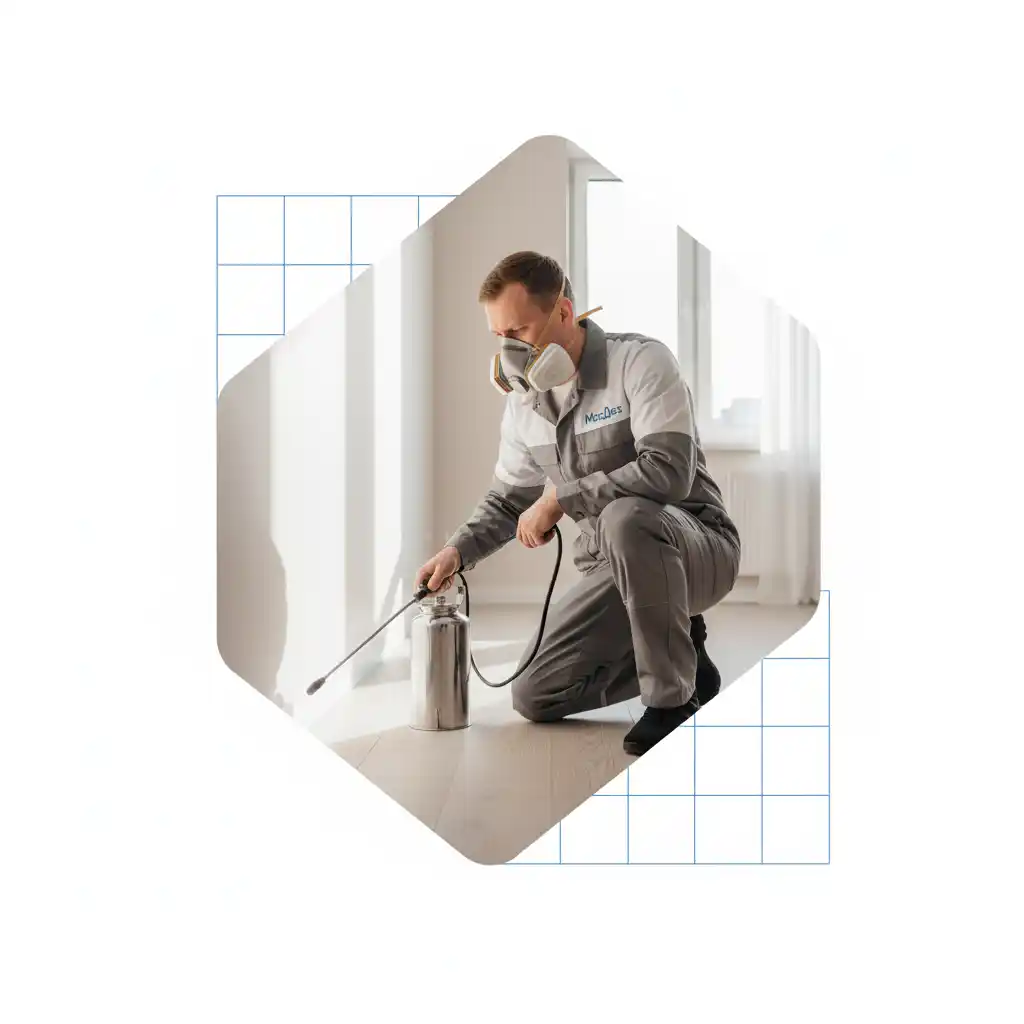 Специалист МосДез проводит обработку от насекомых холодным туманом в квартире в Москве